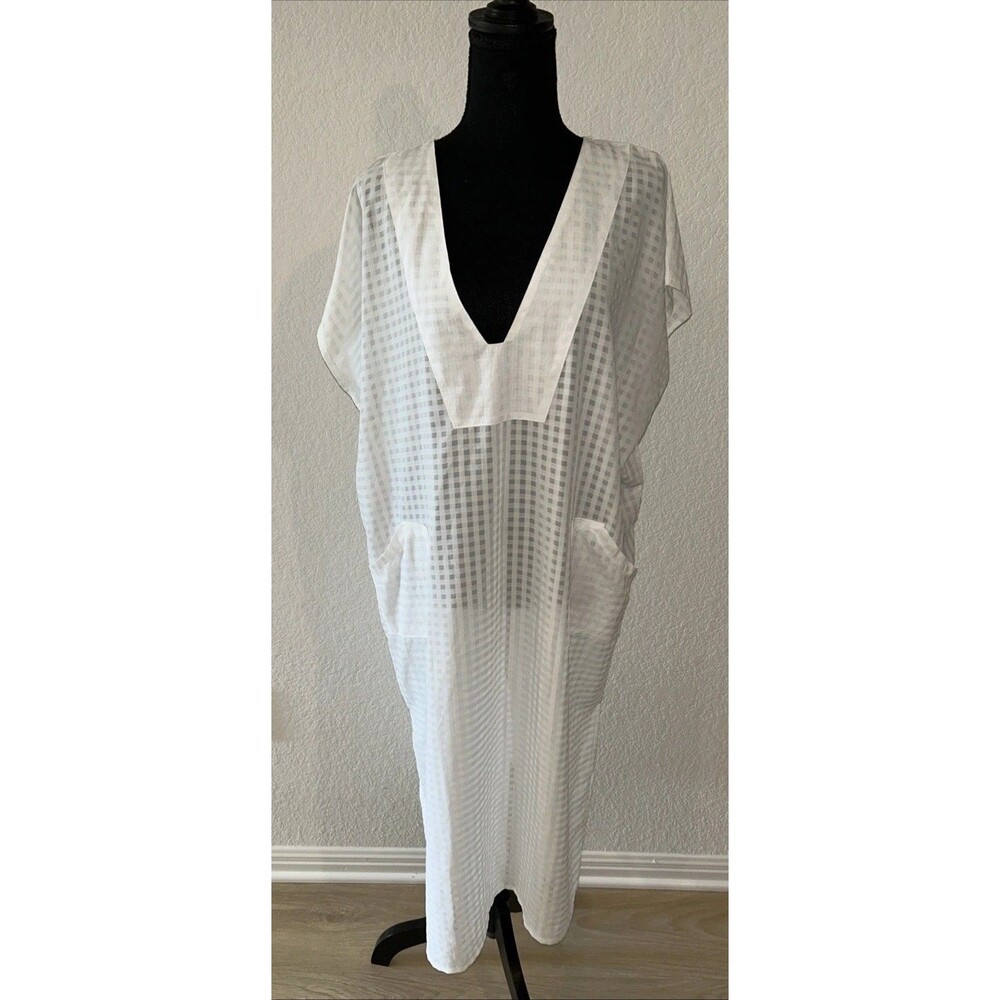 Sheer Grid Kaftan Swim Cover Up V Neck Boho Fairy Festival Resort Muumuu Mumu